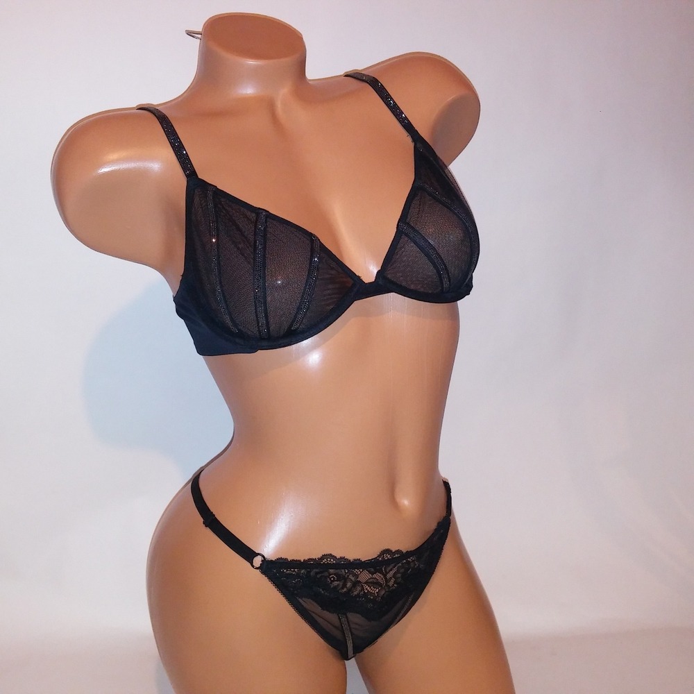 Victoria Secret Bra Set 36B Low Cut Demi Medium Thong Panty Black Shine Strap